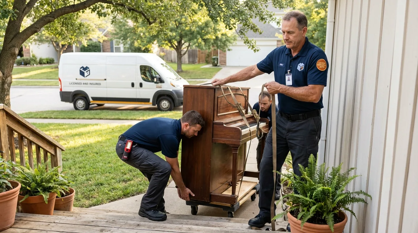 Licensed piano movers securing grand piano in Marianna, AR