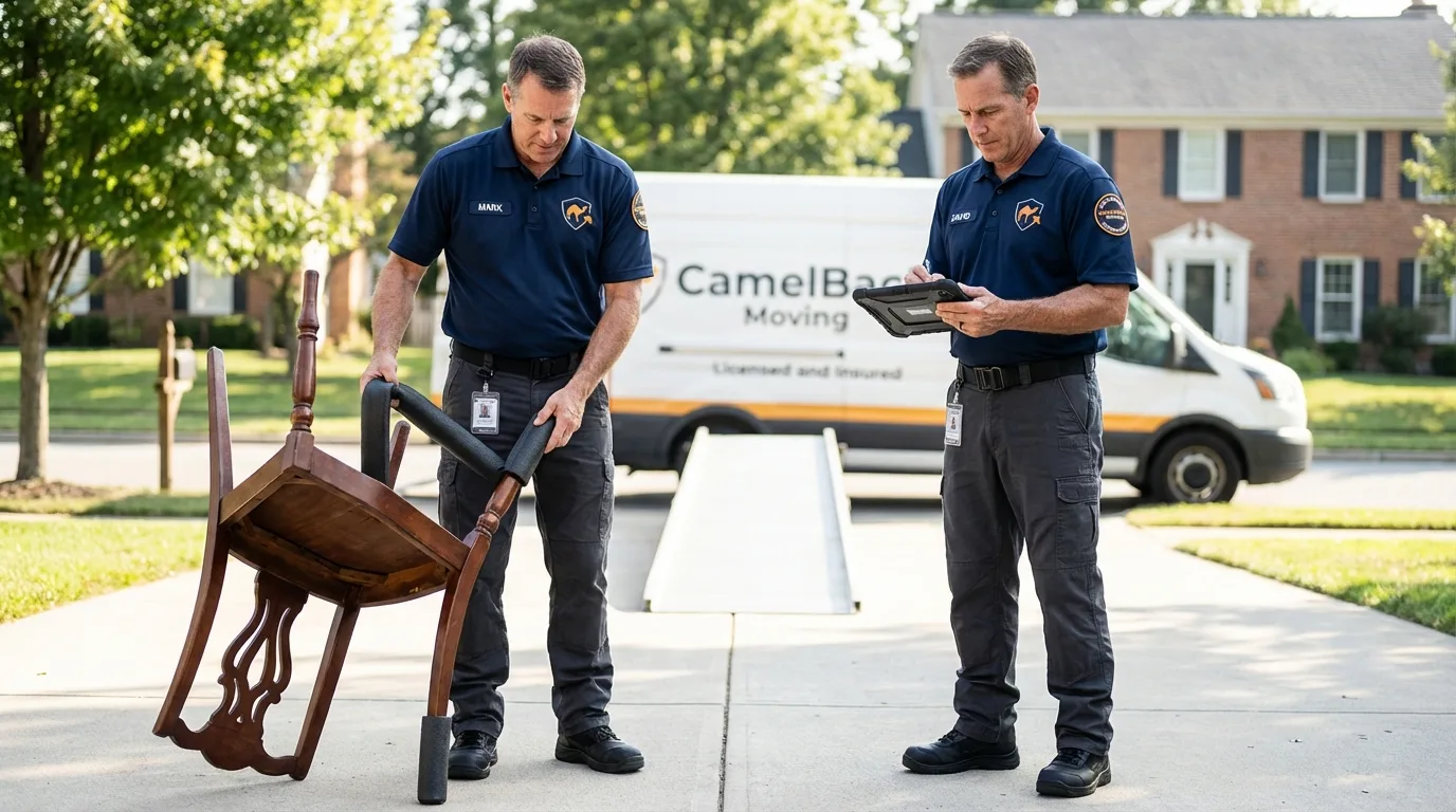 Movers inspecting furniture for damage prevention before loading in Marianna, AR