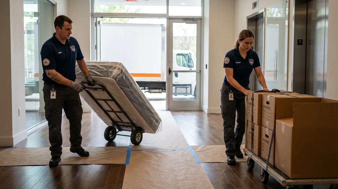 Professional apartment movers loading elevator in Marianna, AR