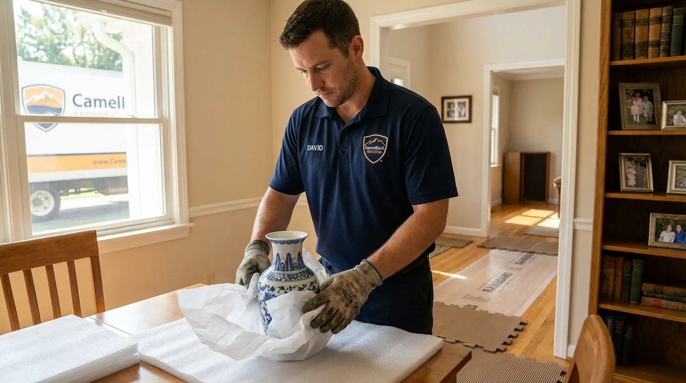 Professional crew carefully wrapping antique vase for senior downsizing move in Marianna, AR
